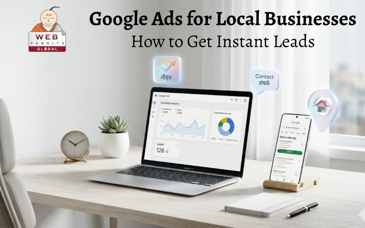 Google Ads for Local Businesses dashboard showing map targeting, analytics, and instant lead generation