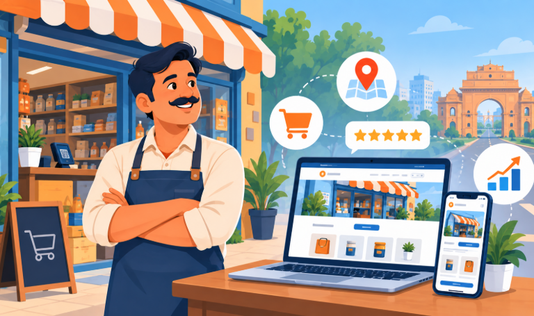Local shopkeeper in Bahadurgarh with a new business website on laptop and phone