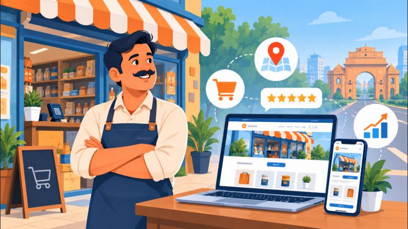 Local shopkeeper in Bahadurgarh with a new business website on laptop and phone