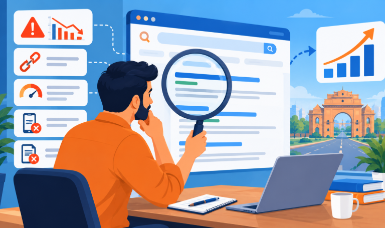 Business owner examining website search results with a magnifying glass during an SEO audit