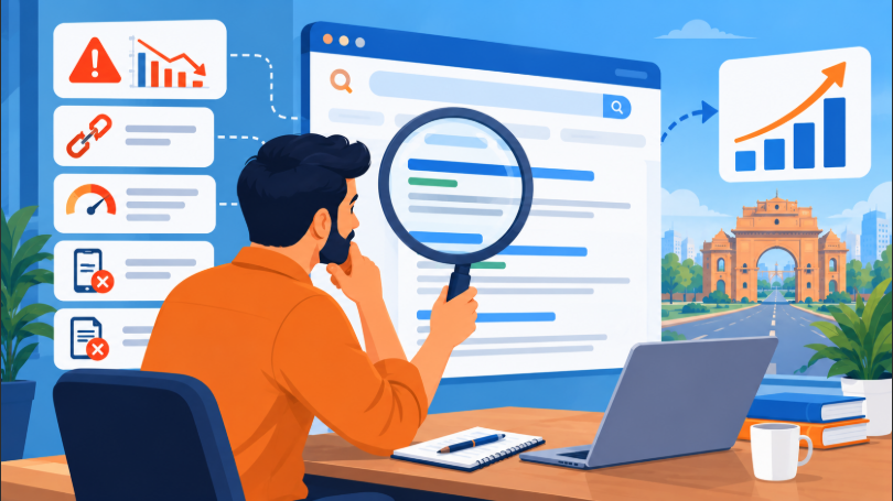 Business owner examining website search results with a magnifying glass during an SEO audit