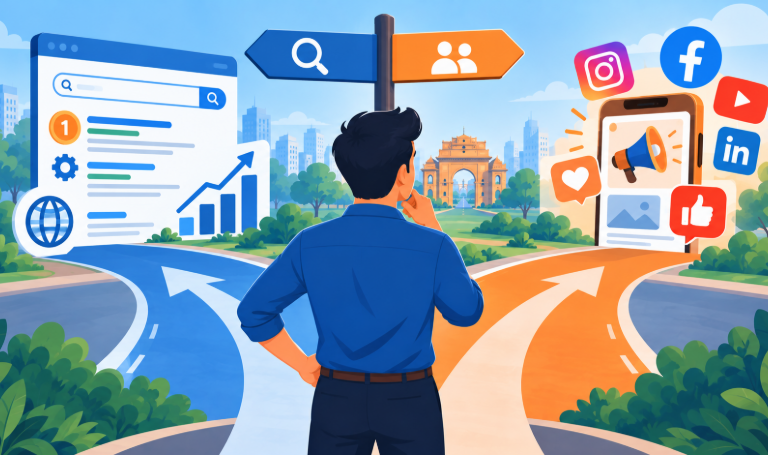 Business owner choosing between SEO and social media marketing paths