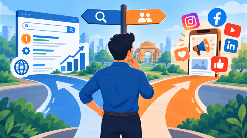 Business owner choosing between SEO and social media marketing paths